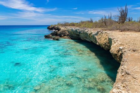 Rocky shore with shallow water in the blue oceanの写真素材