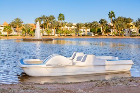Empty white pedal boat located  on waterfront of pond in parkの写真素材