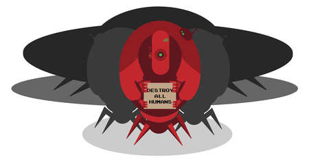Alien ship invasion, 3 big red robots with sign, isolated on white backgroundのイラスト素材