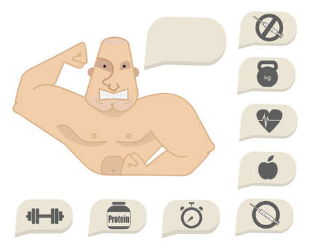 Bodybuilder torso with speech bubbles. Dumbbell, protein, timer, steroids, food, heart rate, kettlebell, stop steroids. Web site trainer. Tense faceのイラスト素材