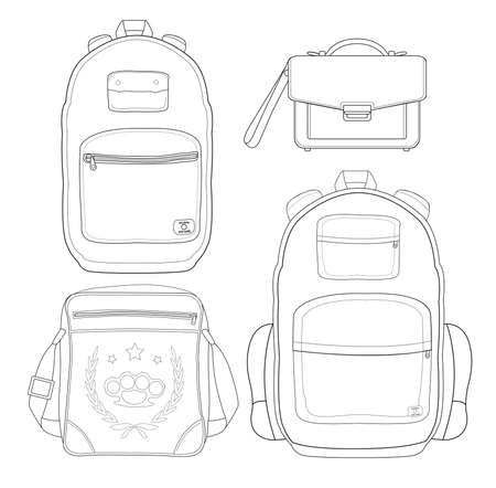 Set of 4 fashionable men bags: urban backpack, briefcase, shoulder bag, travel backpack. Line art. Black and white, Isolatedのイラスト素材