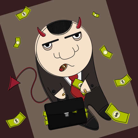 Cartoon style devil in suit with suitcase full of moneyのイラスト素材