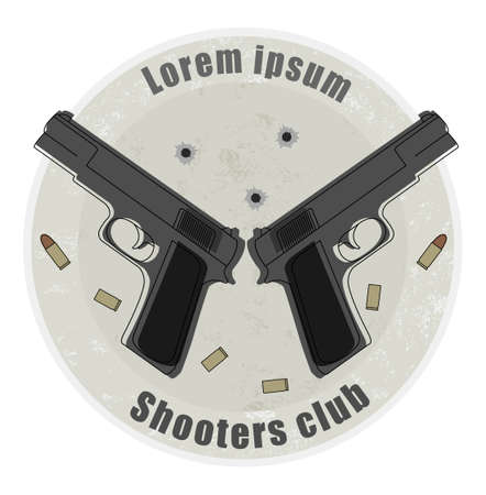 Two pistols and bullets emblem on stone background with bullet holesのイラスト素材