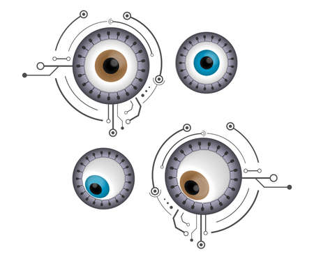 Brown and blue cyborg eyes in steel frames illustration isolated on whiteのイラスト素材