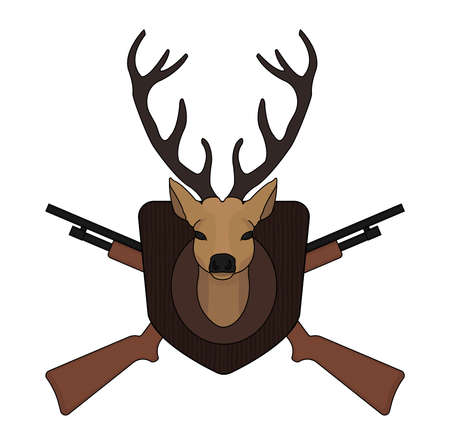 Hunting trophy. Stuffed taxidermy deer head with big antlers in wood shield. 2 crossed shotguns. Color illustration isolated on whiteのイラスト素材