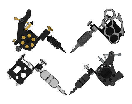 Set of 4 different style realistic tattoo machines icons. Revolver tattoo machine, knuckle duster tattoo gun. Color illustration isolated on whiteのイラスト素材