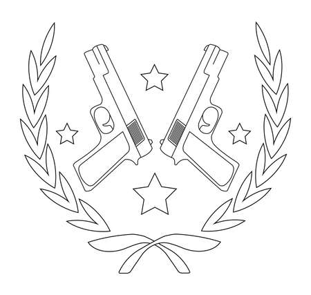 Contour, line art icon isolated on white with 2 pistols and stars in laurel wreathのイラスト素材