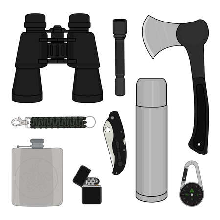 Camping set: binoculars, flashlight, ax, survival paracord bracelet, folding pocket knife, aluminium, compass, lighter, flaskのイラスト素材
