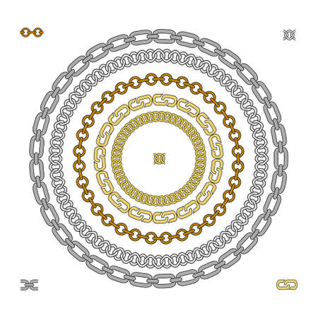 Set of 5 different shapes chains brushes. Gold, metal, steel, iron, bronze, silver. Circles. Color