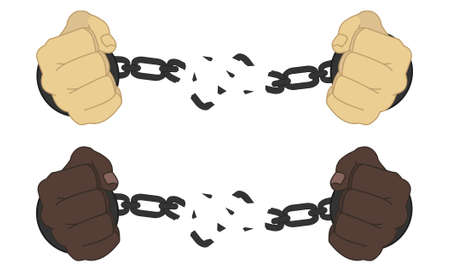 Male hands breaking steel handcuffs isolated on whiteのイラスト素材