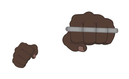 Clenched african american man fists holding brass-knuckle. Front punch. Color illustration isolated on whiteのイラスト素材