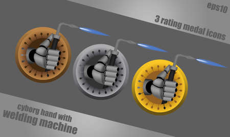 Bronze, silver, gold, vector rating icons on steel background with cyborg hand holding welding machineのイラスト素材