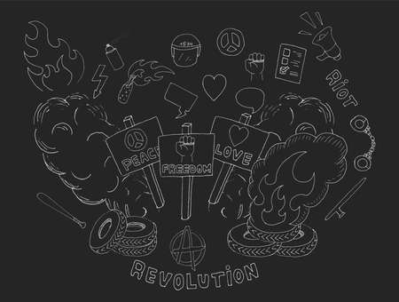 Doodle sketch art. Protest symbols: flames, heart, anarchy, peace, fist, vote, speakerphone, smoke, banners, tires, shackles, baton, baseball bat, police helmet, freedom, revolution, riot. Chalkのイラスト素材
