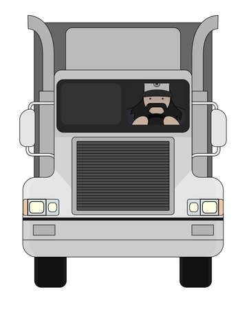 Fat round flat cartoon style black beard truck driver. In trucker cap sitting inside big cargo car. Color illustration isolated on whiteのイラスト素材