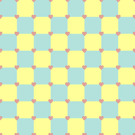 Yellow and turquoise colors seamless vector pattern with pink heartsのイラスト素材