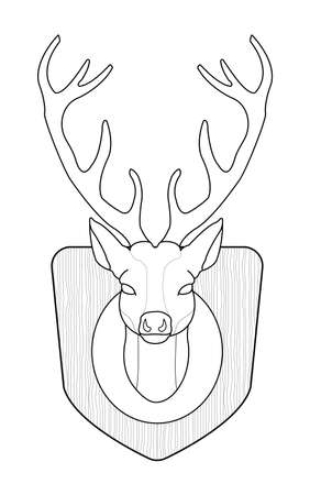 Hunting trophy. Stuffed taxidermy deer head with big antlers in wood shield. Line art. Illustration isolated on whiteのイラスト素材