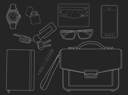 EDC set. Every day carry businessman items collection: watches, lighter, wallet, sunglasses, mobile phone, bag, pen, notebook, house keys, car keys. Isolated on white. Chalk lines on blackboardのイラスト素材