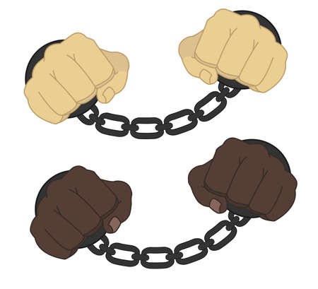 Male hands in steel handcuffs comics style illustration isolated on whiteのイラスト素材