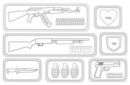 Army game resource set. Military soldier inventory: assault rifle, health bar, shotgun, shield bar, combat knife, grenade, pistol, bullets. Line-art illustration isolated on whiteのイラスト素材