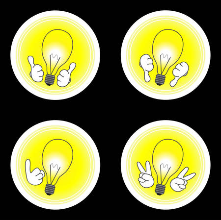 Idea icon set. Good idea, bad idea, point up, victory. Lamps with hands isolated on blackのイラスト素材