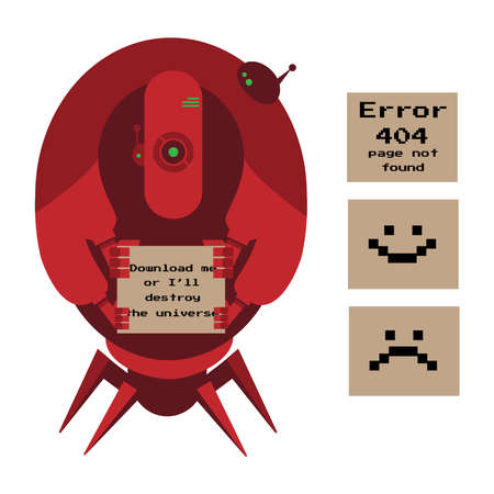 Large red alien robot with 4 arms and spider legs holding signs. Error 404, happy smile, sad smileのイラスト素材