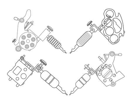 Set of 4 different style realistic tattoo machines icons. Revolver tattoo machine, knuckle duster tattoo gun. Line-art illustration isolated on whiteのイラスト素材