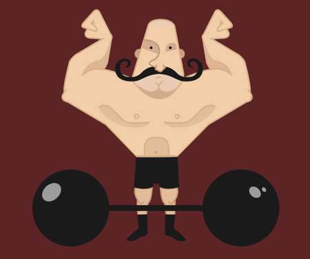 Huge, strong, bald circus athlete with dark twirled mustaches showing of his strengthのイラスト素材