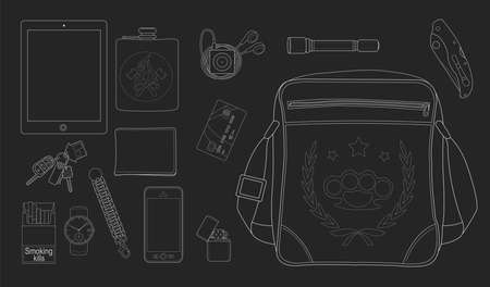 EDC set. Every day carry man items collection: tablet computer, flask, mp3 player, flashlight, knife, bag, lighter, mobile phone, bracelet, watch, cigarettes, keys, usb, wallet, credit card. Chalkのイラスト素材