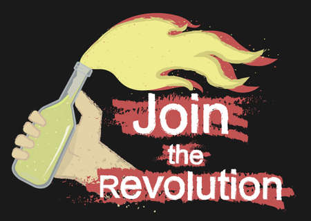 Grunge scratched protest icon with hand holding molotov cocktail and sign: Join the revolution...