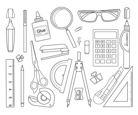 Set of stationery tools outlines: marker, paper clip, pen, binder, clip, ruler, glue, zoom, scissors, stapler, corrector, glasses, pencil, calculator, eraser, knife, compasses, protractorのイラスト素材