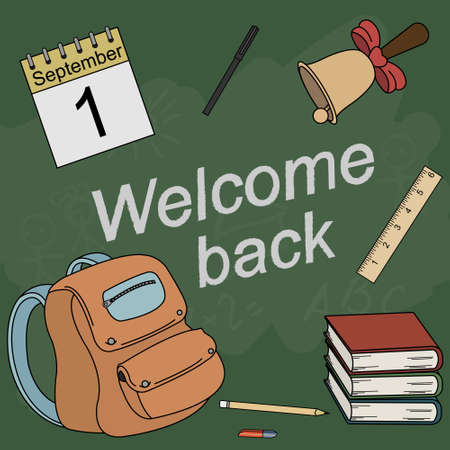Vector cartoon style color school icons: calendar, bell, pencil, pen, eraser, ruler, schoolbag, books with sign Welcome backのイラスト素材