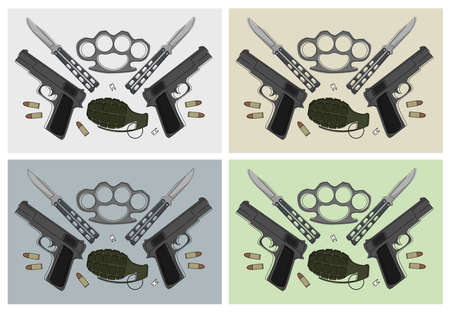 Emblem with pistols, grenade, brass knuckle, butterfly knifes, broken teeth and bullets in different backgroundsのイラスト素材