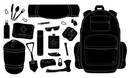 Camping set: carabiner, knife, spoon, fork, mat, backpack, canned food, flashlight, ax, compass, pocket knife, flask, sunglasses, bracelet, first aid, shovel, sleeping bag, bottle. Inverse colorsのイラスト素材