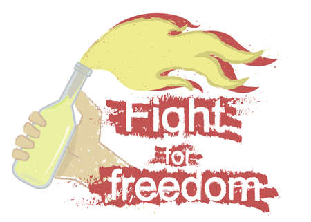 Grunge scratched protest icon with hand holding molotov cocktail and sign: Fight for freedom isolated on whiteのイラスト素材
