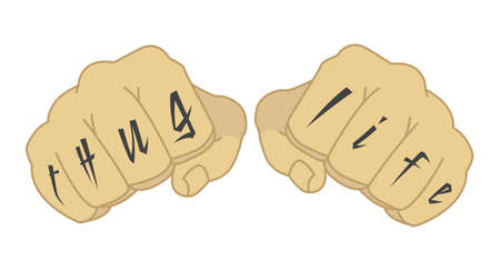 Male fists with thug life tattoo on fingersのイラスト素材