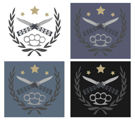 Color, no outline logo with 2 crossed knifes, brass knuckle and stars in laurel wreath. Different color backgrounds. Vector illustrationのイラスト素材