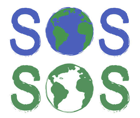 Sos scratch grunge graffiti print sign with planet earth icon in green and blue colors isolated on whiteのイラスト素材