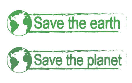 Save the earth, save the planet, scratch grunge graffiti print sign with planet earth icon in green color isolated on whiteのイラスト素材