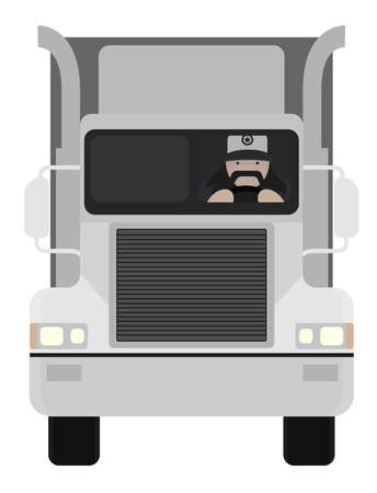 Fat round flat cartoon style black beard truck driver. In trucker cap sitting inside big cargo car. Color no outline illustration isolated on whiteのイラスト素材