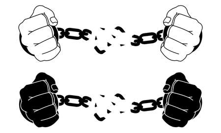 Male hands breaking steel handcuffs. Black and white vector illustration isolated on whiteのイラスト素材