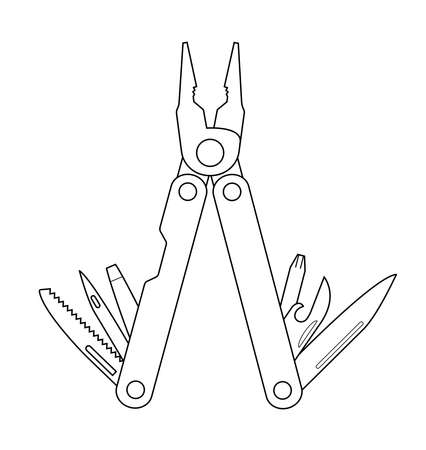 Stainless steel multifunctional pocket multitool instrument with pliers, razor sharp knife, can opener, screwdriver, saw, bottle opener, awl. Contour lines illustration isolated on whiteのイラスト素材