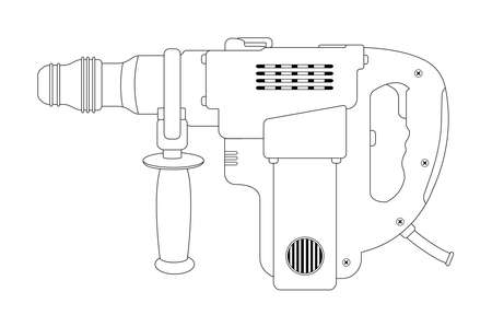 Big electric hammer drill icon in black and white colors. Contour lines clip art illustration isolated on whiteのイラスト素材