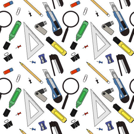 Stationery tools seamless vector pattern: eraser, clip, binder, pencil, knife, magnifying glass, green marker, usb flash drive, yellow marker, sharpener, stapler, triangular ruler, paper clipのイラスト素材