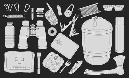 Set of survival camping equipment flashlight, canned food, fork, food container, pocket knife, ax, carabiner, whistle, batteries, radio set, lighter, compass and others. Chalkboard illustrationのイラスト素材