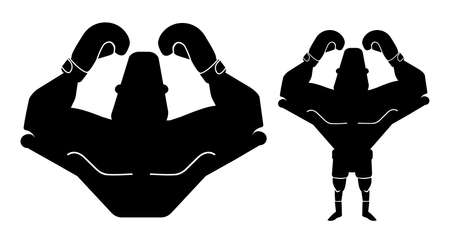 Silhouette of big muscular boxer with hands raised up. Vector black color illustration isolated on whiteのイラスト素材