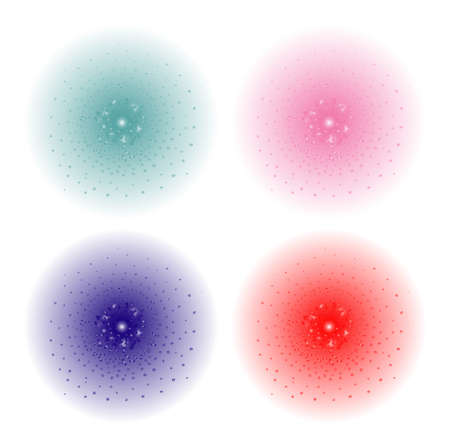 Paint spray beam effect. Aqua, pink, purple, red color splashes spheres. Vector clip art illustration isolated on whiteのイラスト素材