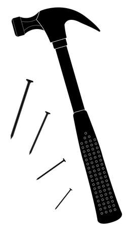 Claw hammer with steel nails. Repair equipment. Rubber handle. Black silhouette vector clip art illustration isolated on whiteのイラスト素材