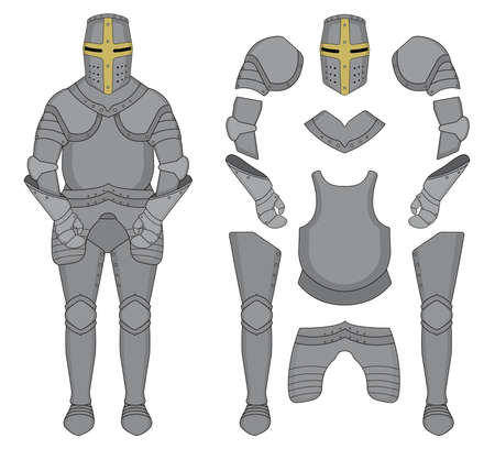 Medieval templar knight armor set. Helmet, shoulders, gloves, breastplate, leggings. Color clip art vector illustration isolated on whiteのイラスト素材