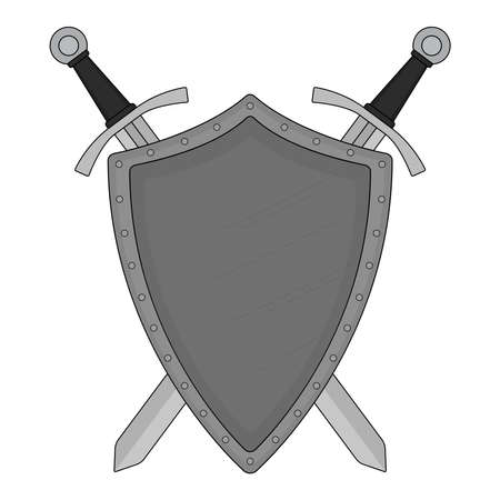 Two crossed swords steel shield heraldry emblem. Security logo. Clip art color vector illustration isolated on whiteのイラスト素材