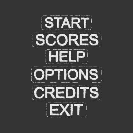 Set of video game menu resources buttons: start, scores, help, options, credits, exit. White buttons on black background. Grunge scratches style. Clip art isolated on blackのイラスト素材